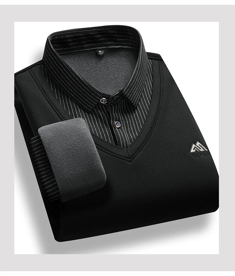 Men's Fleece Lined Sweater Polo Collar Pullover Tops Fashion Business Causal Pullovers Slim Fit Thick Winter - PratSN