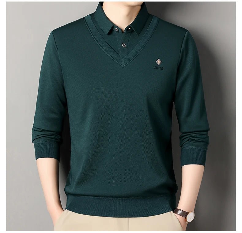 Men's Fleece Lined Sweater Polo Collar Pullover Tops Fashion Business Causal Pullovers Slim Fit Thick Winter - PratSN