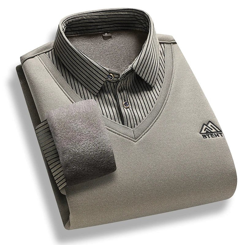 Men's Fleece Lined Sweater Polo Collar Pullover Tops Fashion Business Causal Pullovers Slim Fit Thick Winter - PratSN