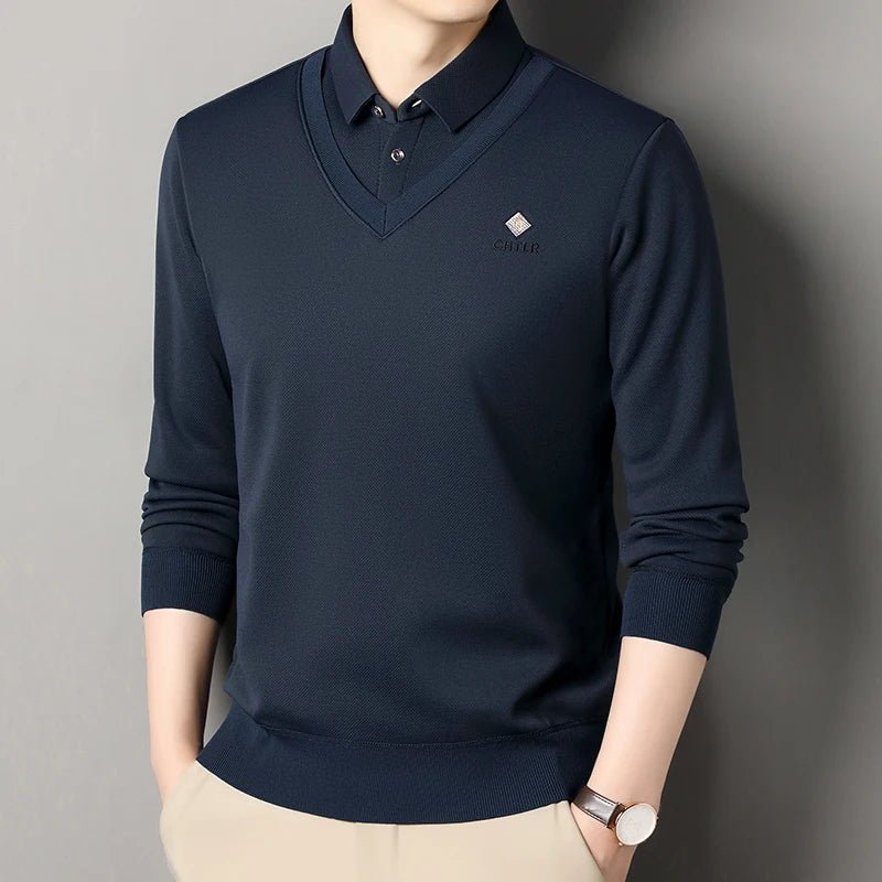 Men's Fleece Lined Sweater Polo Collar Pullover Tops Fashion Business Causal Pullovers Slim Fit Thick Winter - PratSN