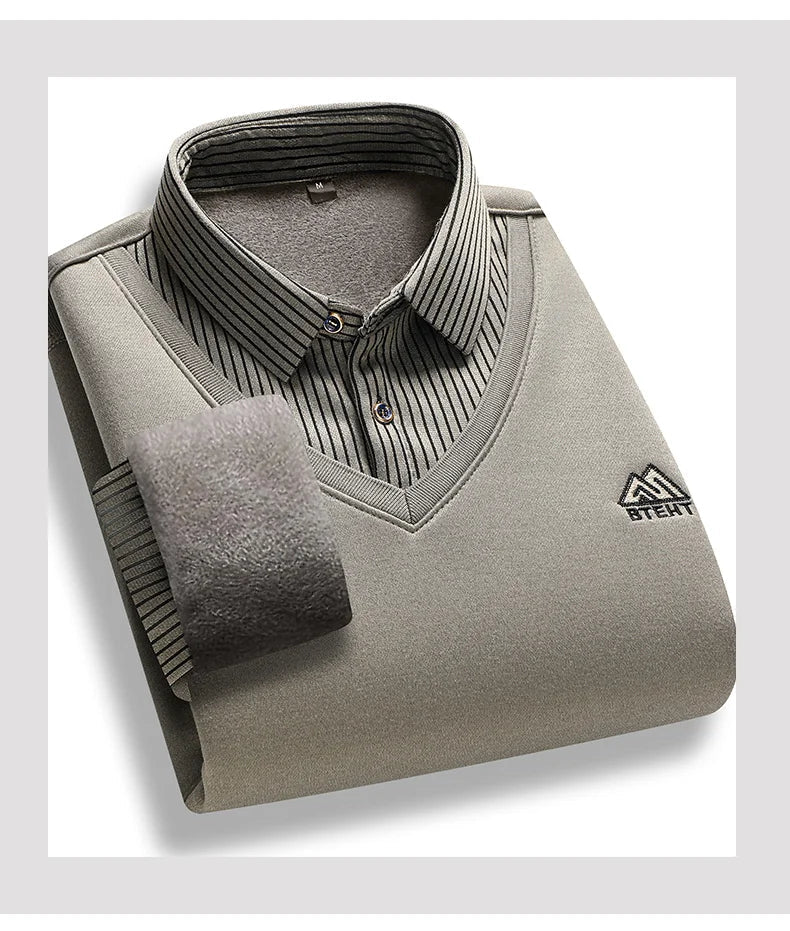Men's Fleece Lined Sweater Polo Collar Pullover Tops Fashion Business Causal Pullovers Slim Fit Thick Winter - PratSN
