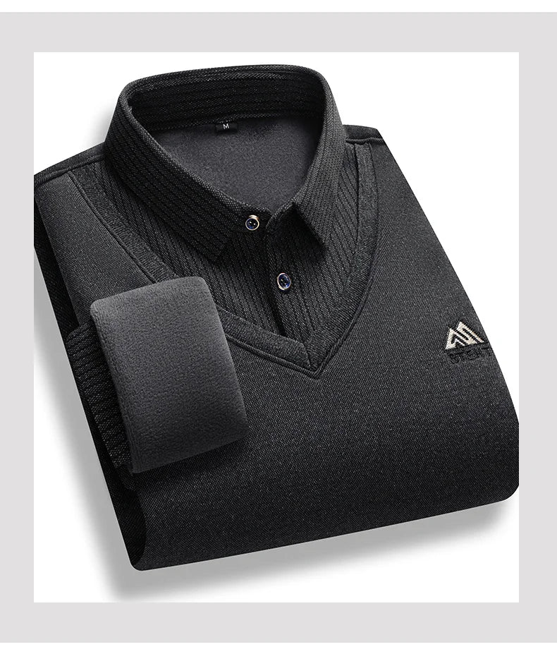 Men's Fleece Lined Sweater Polo Collar Pullover Tops Fashion Business Causal Pullovers Slim Fit Thick Winter - PratSN