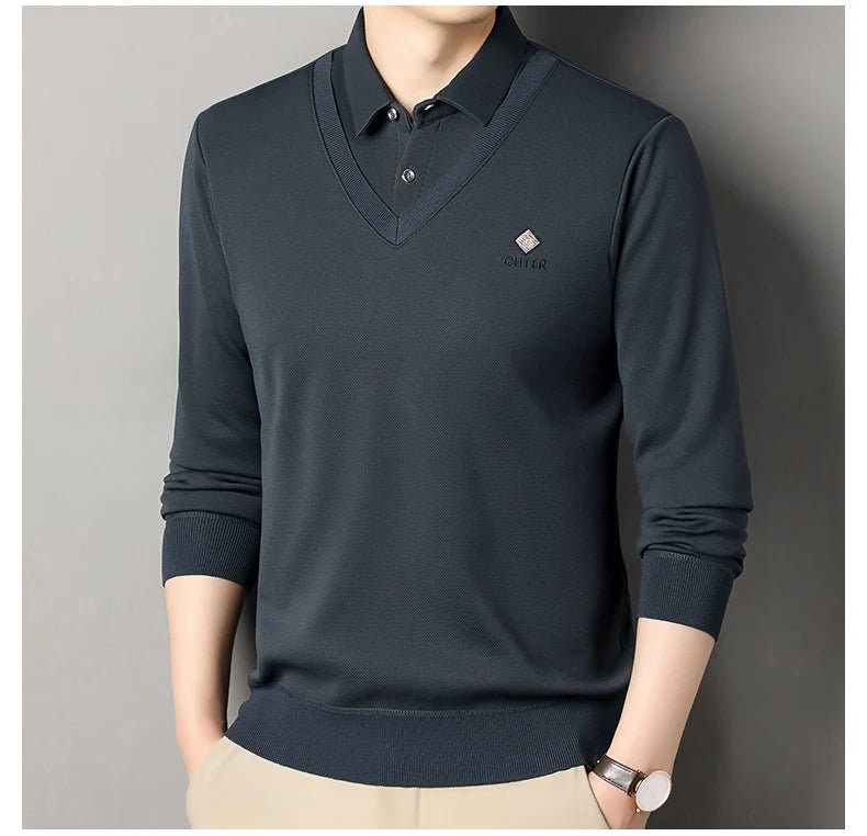 Men's Fleece Lined Sweater Polo Collar Pullover Tops Fashion Business Causal Pullovers Slim Fit Thick Winter - PratSN