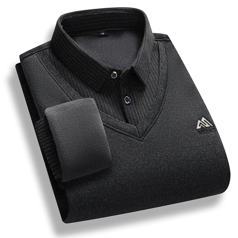 Men's Fleece Lined Sweater Polo Collar Pullover Tops Fashion Business Causal Pullovers Slim Fit Thick Winter - PratSN