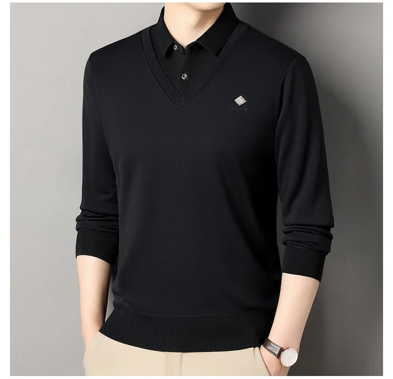 Men's Fleece Lined Sweater Polo Collar Pullover Tops Fashion Business Causal Pullovers Slim Fit Thick Winter - PratSN