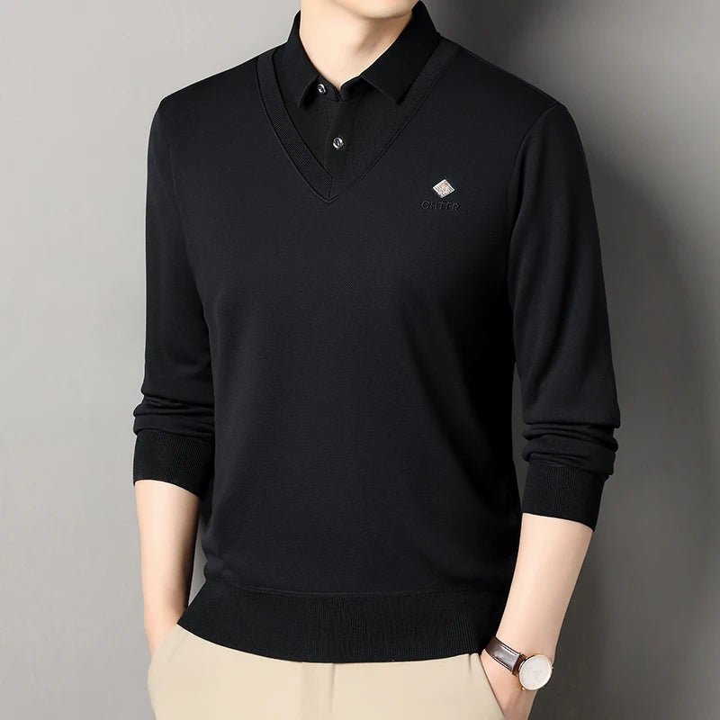 Men's Fleece Lined Sweater Polo Collar Pullover Tops Fashion Business Causal Pullovers Slim Fit Thick Winter - PratSN