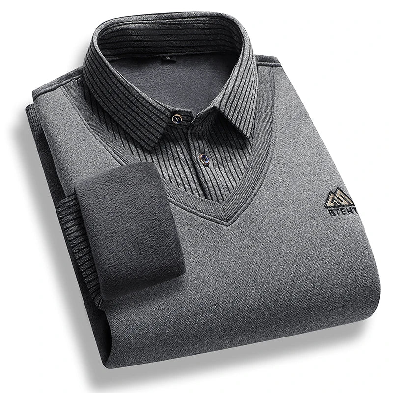 Men's Fleece Lined Sweater Polo Collar Pullover Tops Fashion Business Causal Pullovers Slim Fit Thick Winter - PratSN