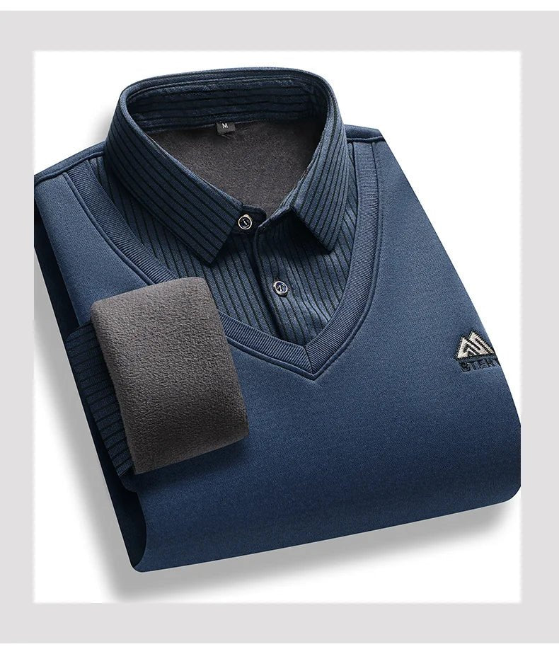 Men's Fleece Lined Sweater Polo Collar Pullover Tops Fashion Business Causal Pullovers Slim Fit Thick Winter - PratSN