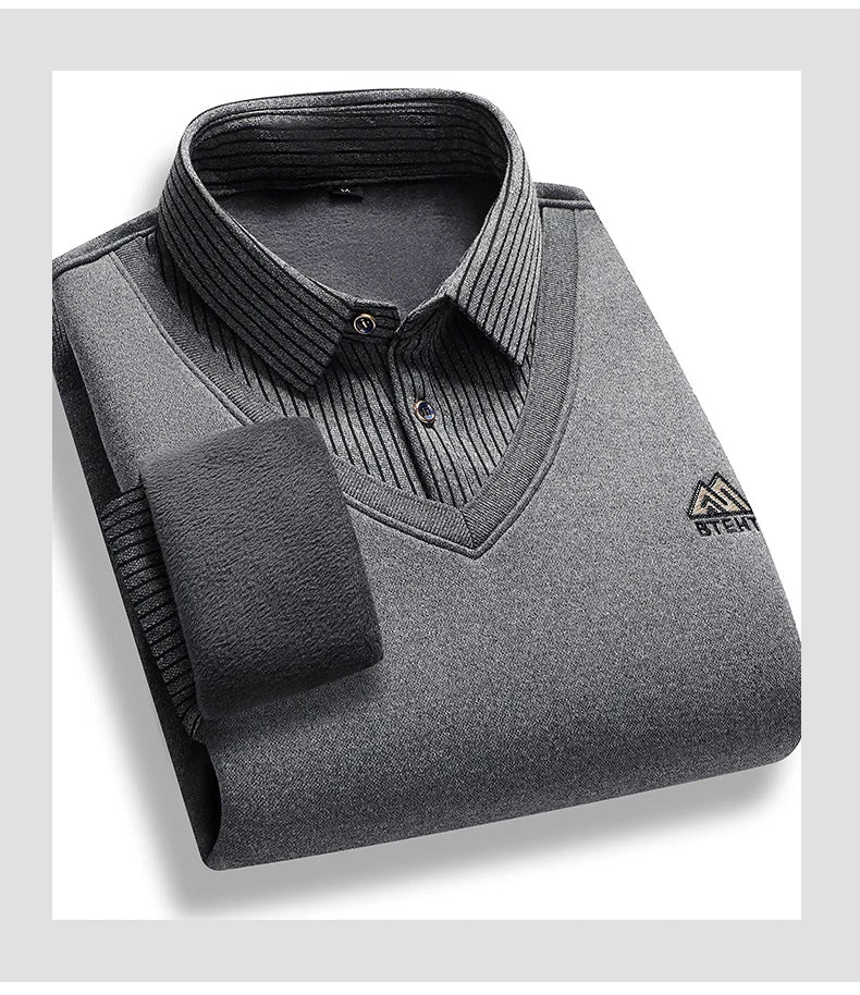 Men's Fleece Lined Sweater Polo Collar Pullover Tops Fashion Business Causal Pullovers Slim Fit Thick Winter - PratSN