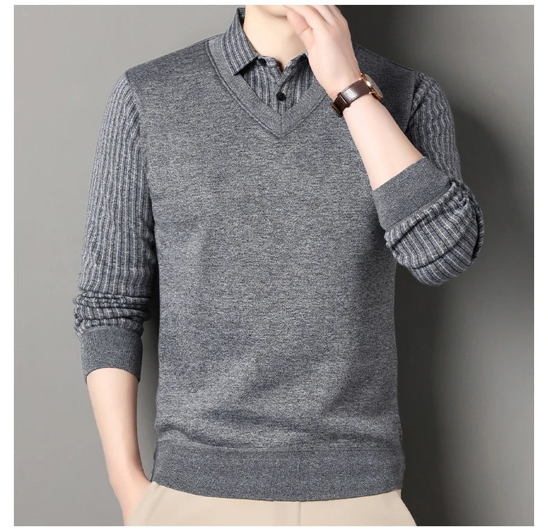 Men's Fleece Lined Sweater Polo Collar Pullover Tops Fashion Business Causal Pullovers Slim Fit Thick Winter Clothes - PratSN