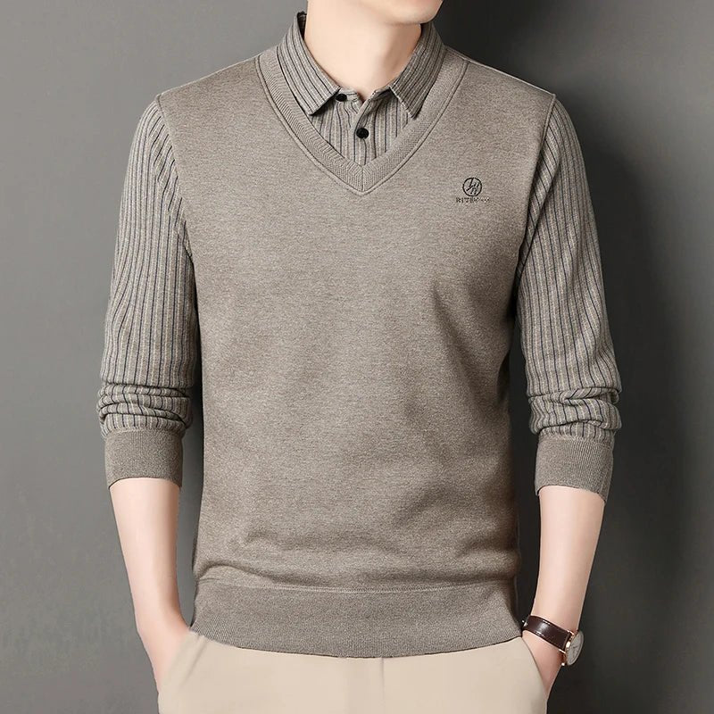 Men's Fleece Lined Sweater Polo Collar Pullover Tops Fashion Business Causal Pullovers Slim Fit Thick Winter Clothes - PratSN