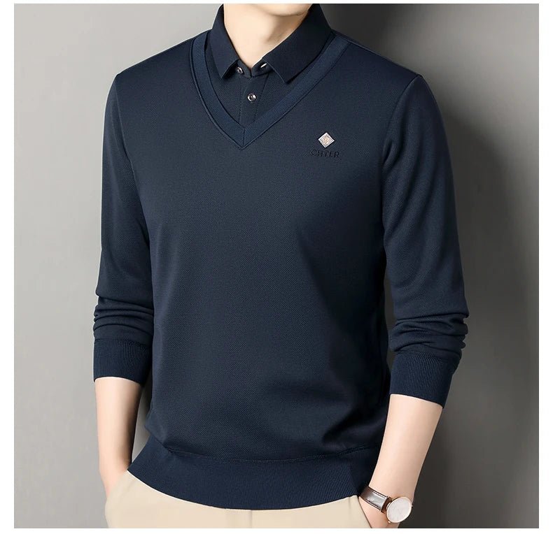 Men's Fleece Lined Sweater Polo Collar Pullover Tops Fashion Business Causal Pullovers Slim Fit Thick Winter Clothes - PratSN