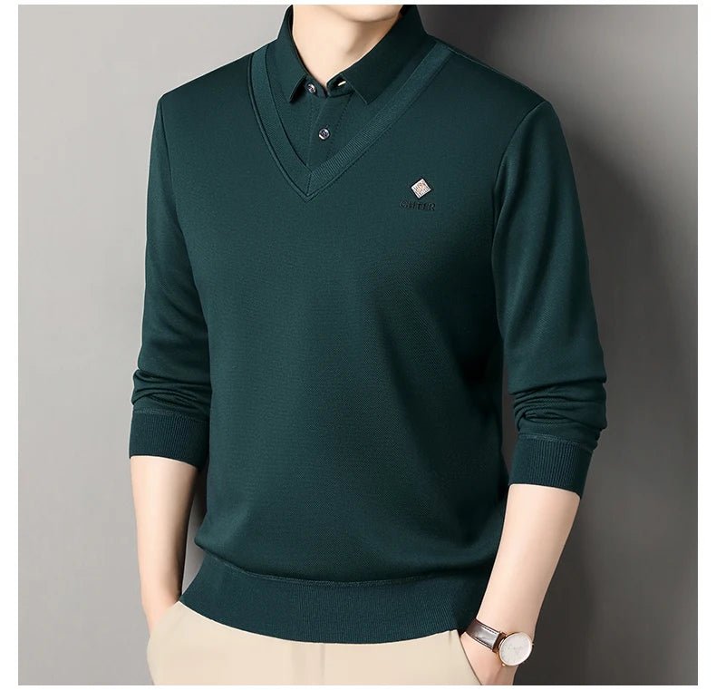 Men's Fleece Lined Sweater Polo Collar Pullover Tops Fashion Business Causal Pullovers Slim Fit Thick Winter Clothes - PratSN