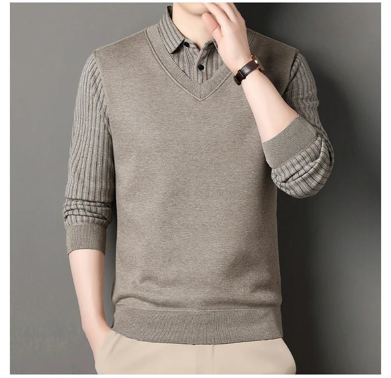 Men's Fleece Lined Sweater Polo Collar Pullover Tops Fashion Business Causal Pullovers Slim Fit Thick Winter Clothes - PratSN