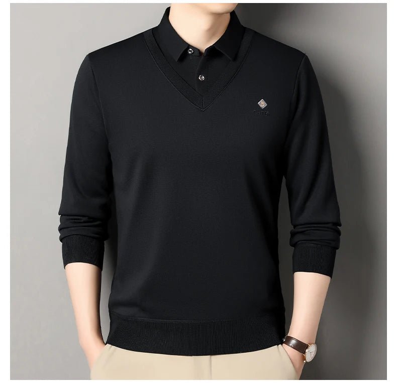 Men's Fleece Lined Sweater Polo Collar Pullover Tops Fashion Business Causal Pullovers Slim Fit Thick Winter Clothes - PratSN
