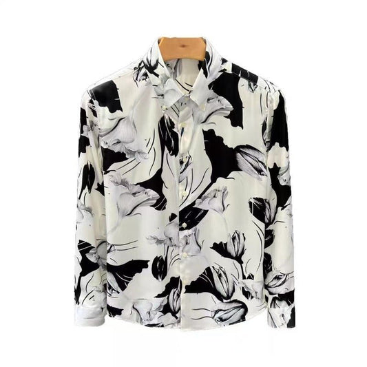 Men's Floral Pattern Slim Fit Print Long Sleeve Shirt - PratSN