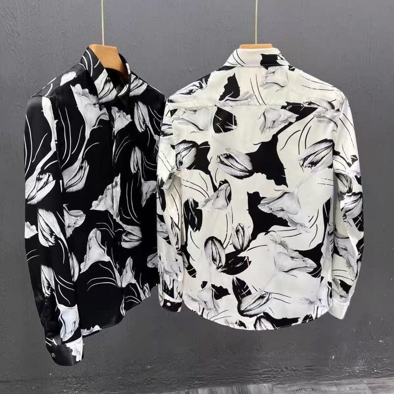 Men's Floral Pattern Slim Fit Print Long Sleeve Shirt - PratSN