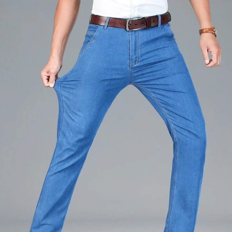Men's Ice Silk Jeans Summer New Lyocell Thin Business Casual Denim Pants Classic All Match Slim Fit Straight Elastic Jean Male - PratSN
