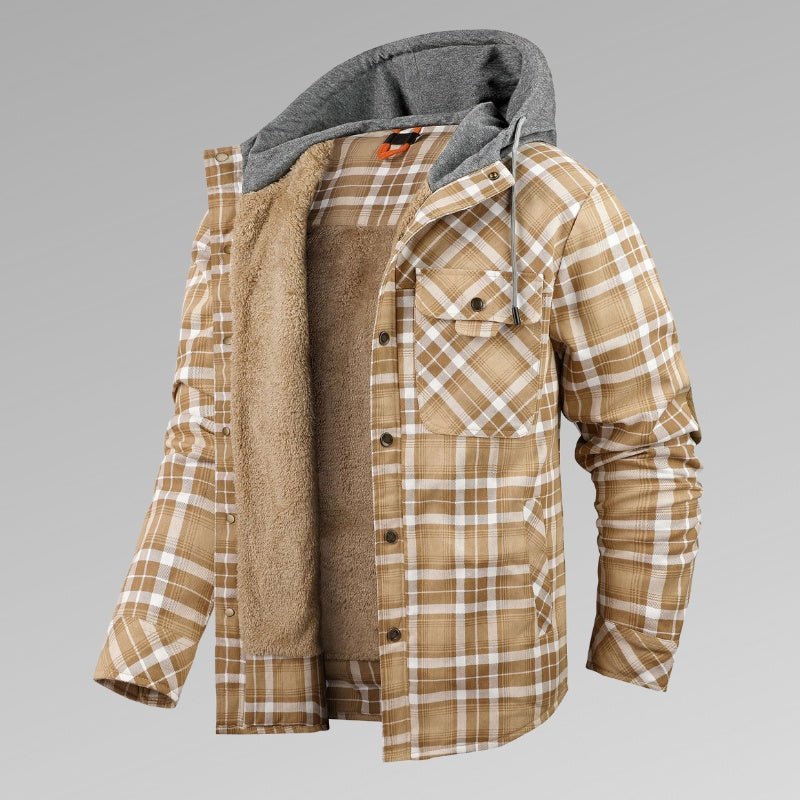 Men's Long Sleeve Velvet Thickened Hooded Plaid Shirt Coat - PratSN