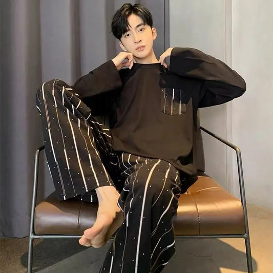 Men‘s Pajama Set Long Sleeve Black Striped Spring and Summer Youth Student Nightwear Loungewear Two Piece Set Sleepwear Homewear - PratSN