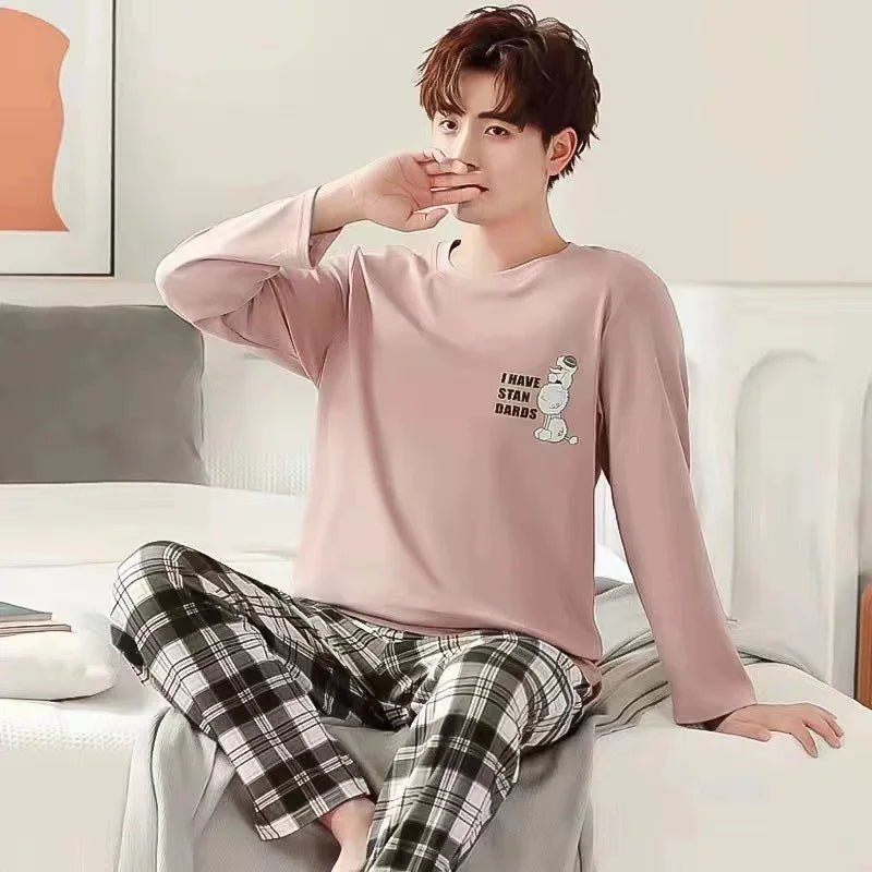 Men‘s Pajama Set Long Sleeve Black Striped Spring and Summer Youth Student Nightwear Loungewear Two Piece Set Sleepwear Homewear - PratSN