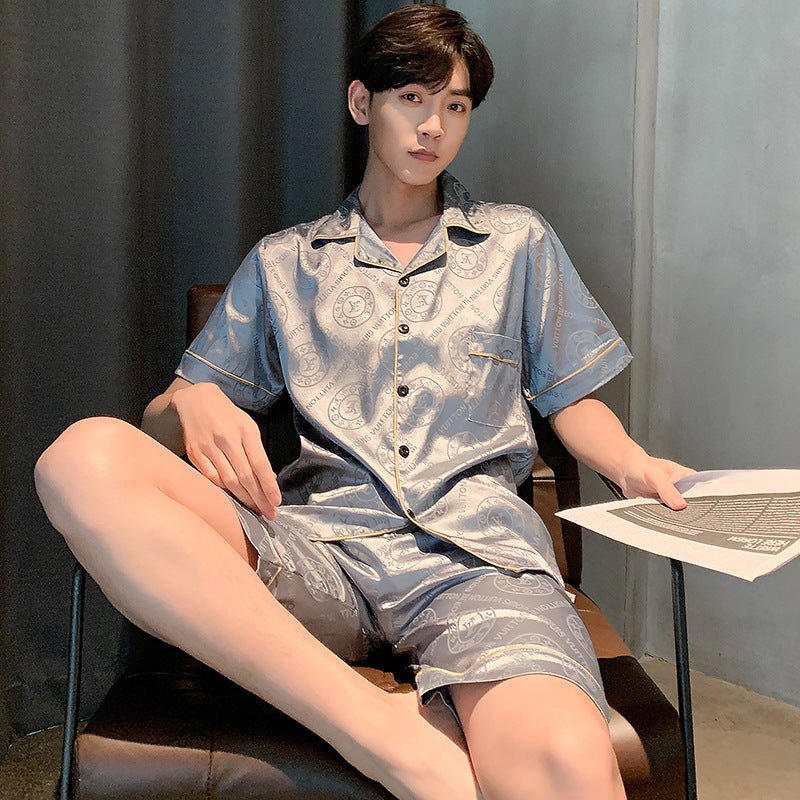 Men's Pajamas Summer Silk Thin Short Sleeve Plus Size Loose Real Silk Homewear Suit - PratSN