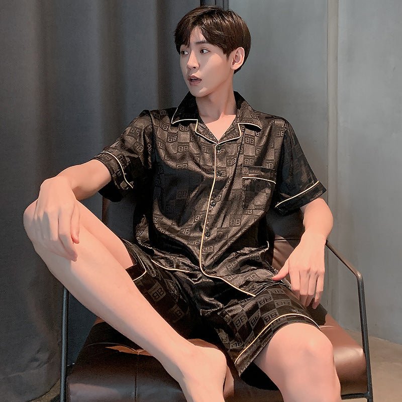 Men's Pajamas Summer Silk Thin Short Sleeve Plus Size Loose Real Silk Homewear Suit - PratSN