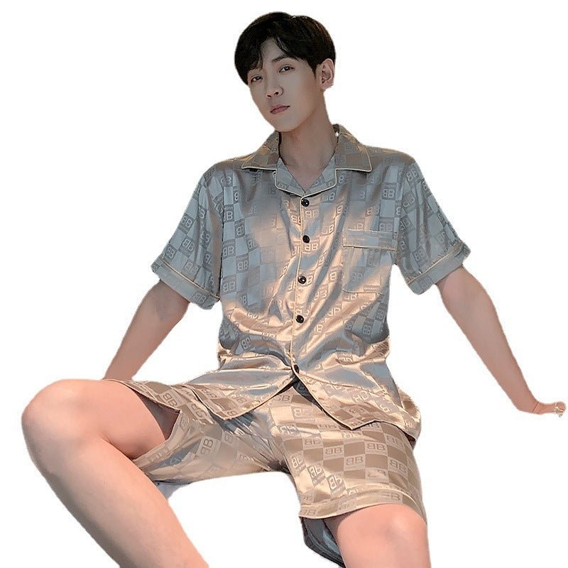 Men's Pajamas Summer Silk Thin Short Sleeve Plus Size Loose Real Silk Homewear Suit - PratSN
