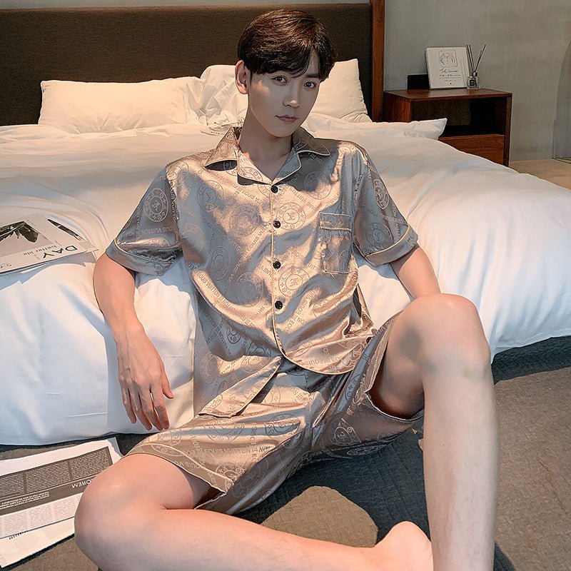 Men's Pajamas Summer Silk Thin Short Sleeve Plus Size Loose Real Silk Homewear Suit - PratSN