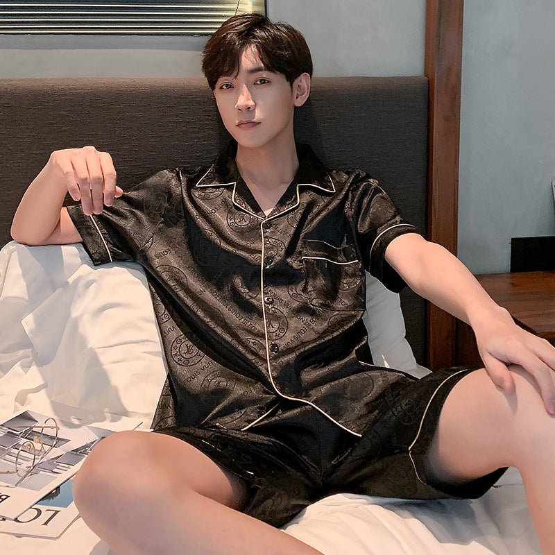Men's Pajamas Summer Silk Thin Short Sleeve Plus Size Loose Real Silk Homewear Suit - PratSN