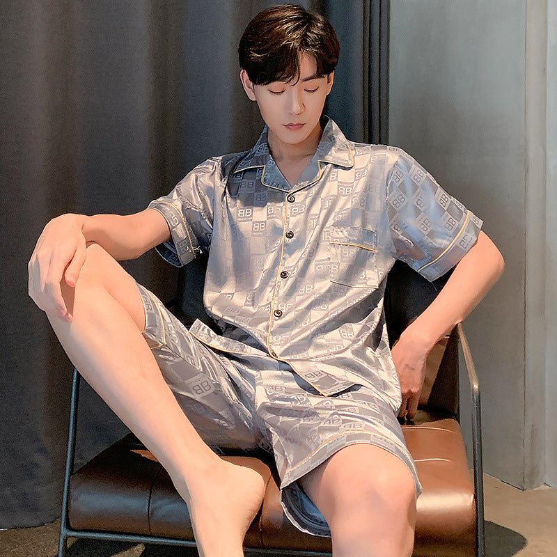 Men's Pajamas Summer Silk Thin Short Sleeve Plus Size Loose Real Silk Homewear Suit - PratSN