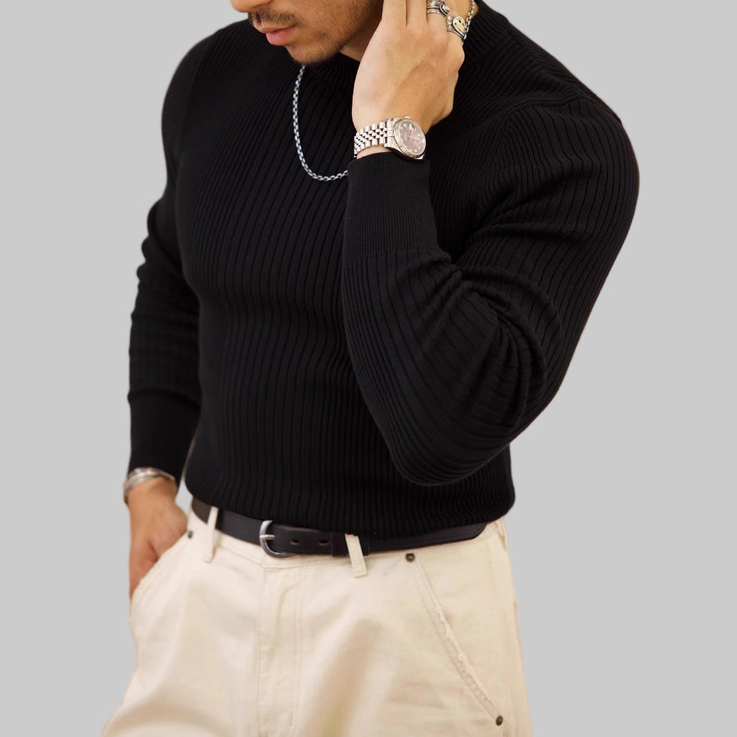 Men's Round Neck Solid Color Striped Long - sleeved Sweater Autumn And Winter - PratSN