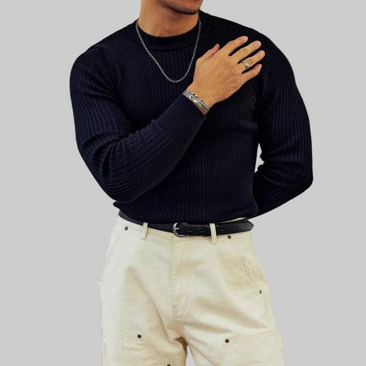 Men's Round Neck Solid Color Striped Long - sleeved Sweater Autumn And Winter - PratSN