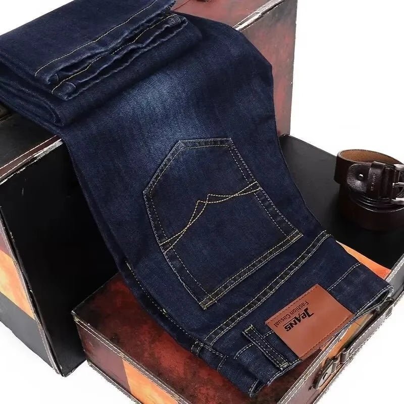 Men's Slim Fit Stretch Business Jeans Classic Casual Denim Pants Black Blue Fashion Trousers - PratSN