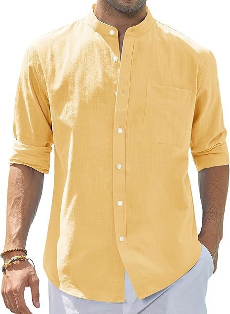 Men's Stand Collar Long Sleeve Solid Color Cotton Shirt - PratSN