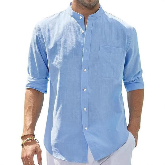 Men's Stand Collar Long Sleeve Solid Color Cotton Shirt - PratSN