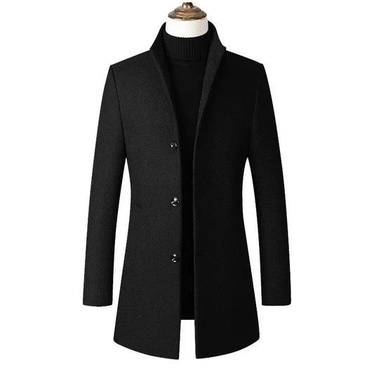 Men's Stand Collar Woolen Overcoat Solid Color Simple Design Medium - length Windbreaker Jacket For Autumn Winter - PratSN