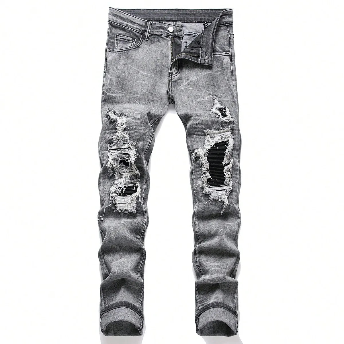 Men‘s Stretchy Denim Jeans Streetwear Tearing Patchwork Holes Ripped Denim Elastic Waist Casual Pants Slim fit Straight Trousers - PratSN