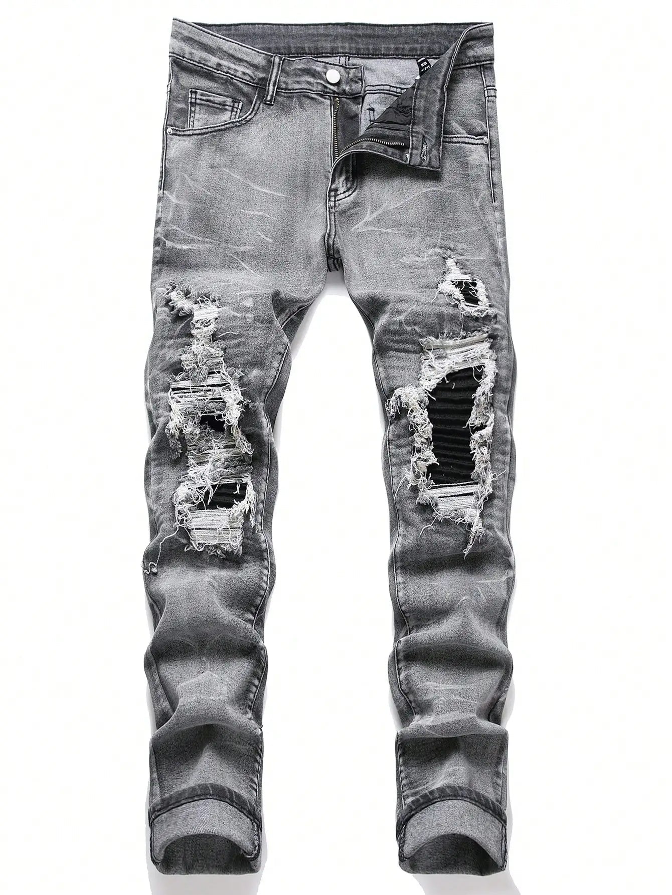 Men‘s Stretchy Denim Jeans Streetwear Tearing Patchwork Holes Ripped Denim Elastic Waist Casual Pants Slim fit Straight Trousers - PratSN
