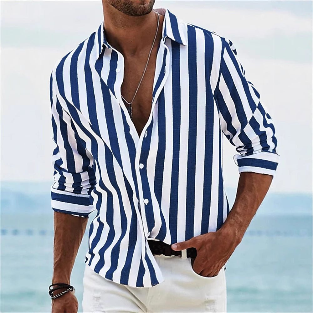 Men's Striped Print Shirt Casual Loose Long - sleeved Shirt Men's - PratSN