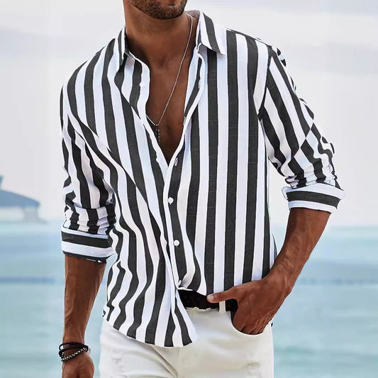 Men's Striped Print Shirt Casual Loose Long - sleeved Shirt Men's - PratSN