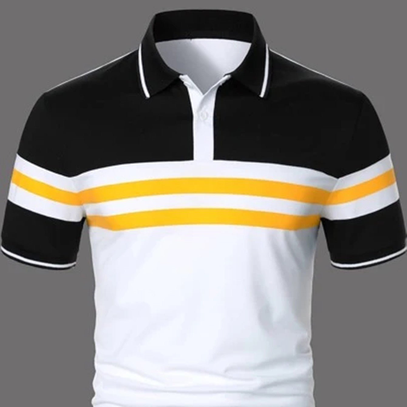 Men's Striped Printed Short Sleeve Button Polo Shirt - PratSN