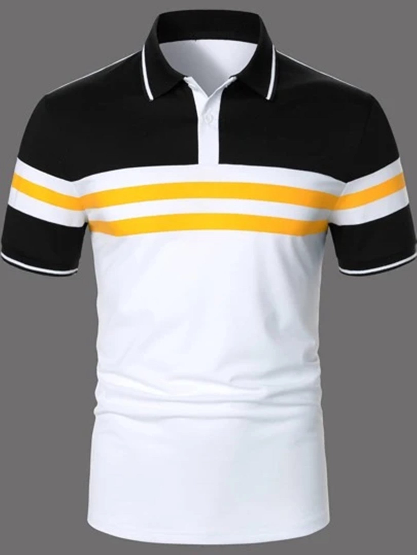 Men's Striped Printed Short Sleeve Button Polo Shirt - PratSN