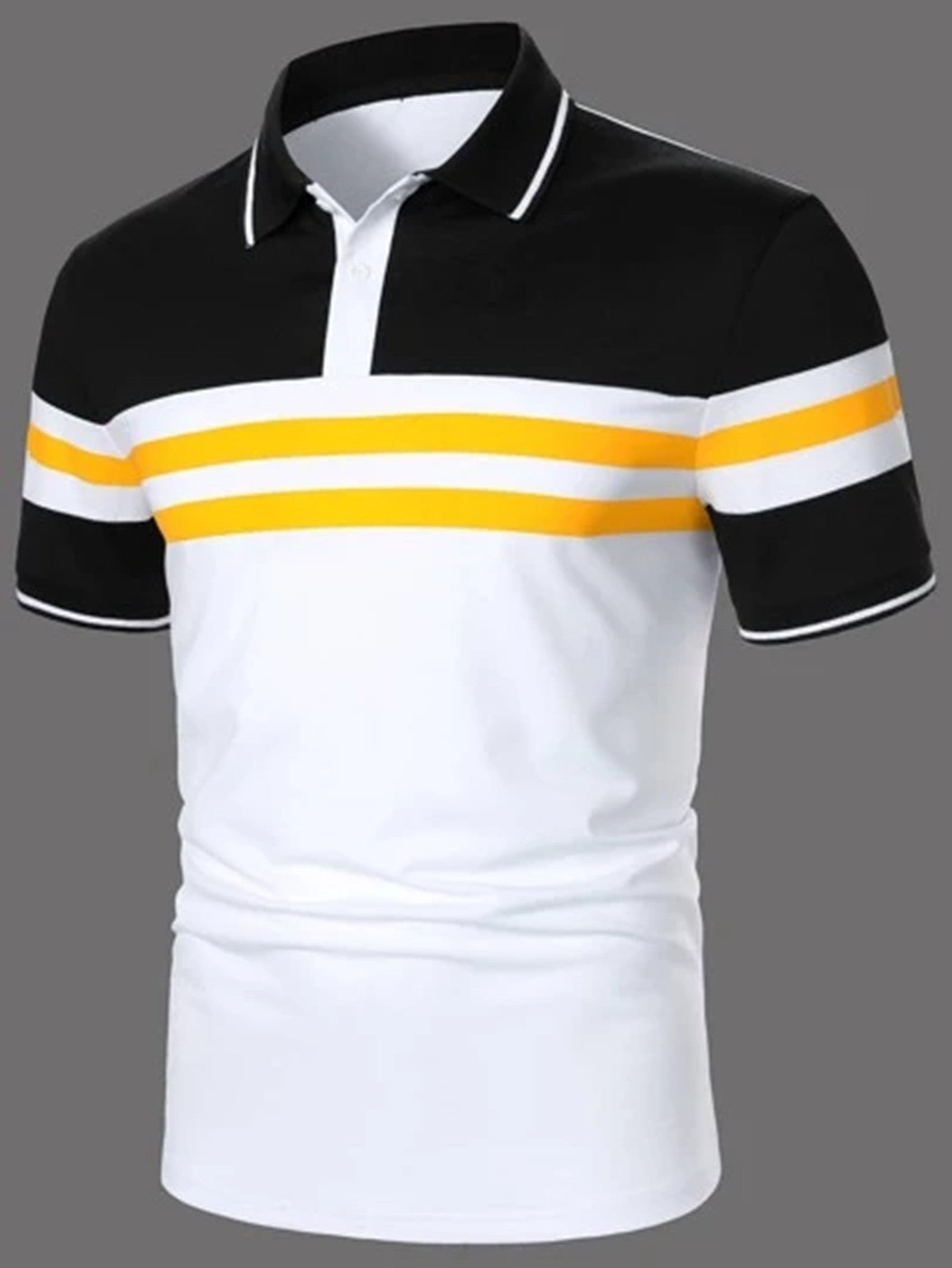 Men's Striped Printed Short Sleeve Button Polo Shirt - PratSN
