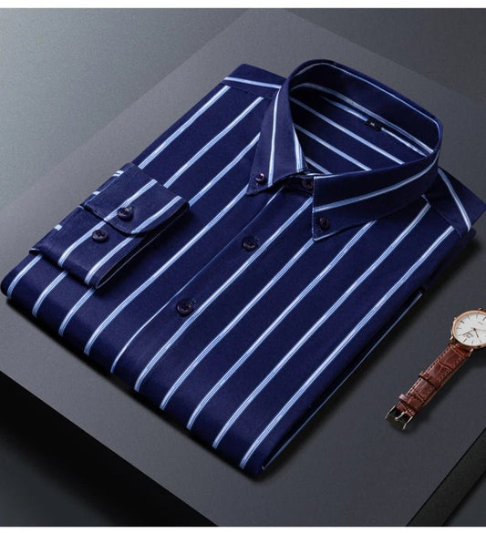Mens Striped Shirts Korean Fashion Business Formal Wear Long Sleeve Men's Social Shirt Dress Slim Fit Elastic Office Blouse Male - PratSN