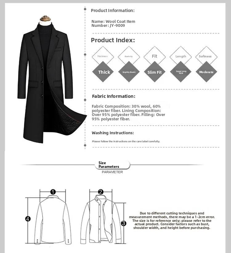 Men's Ultra - Long Woolen Coat Thiened Cotton Busin Sle Autumn Winter Coat Windbreaker Outerwear Slim Fit Travel Friendly - PratSN