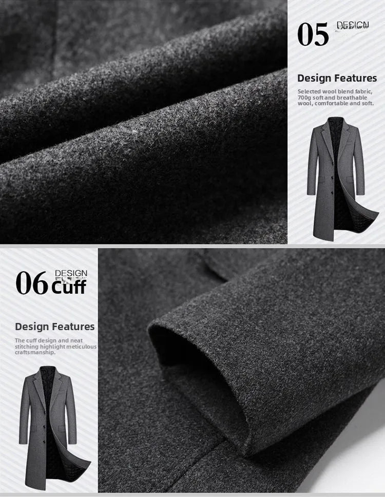 Men's Ultra - Long Woolen Coat Thiened Cotton Busin Sle Autumn Winter Coat Windbreaker Outerwear Slim Fit Travel Friendly - PratSN