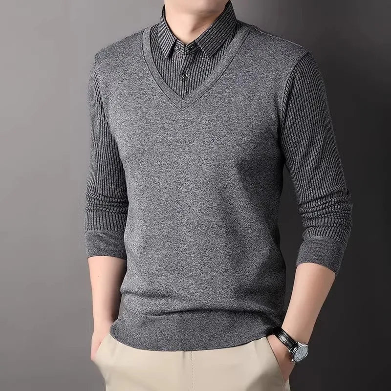 Men's Winter Fleece Knit Pullovers Smart Casual Knitted Sweaters Shirt Collar Fake Two Knitwear Fashion Slim Fit Man Sweater - PratSN
