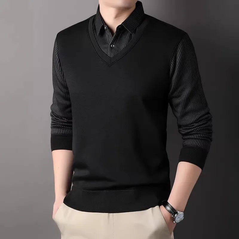 Men's Winter Fleece Knit Pullovers Smart Casual Knitted Sweaters Shirt Collar Fake Two Knitwear Fashion Slim Fit Man Sweater - PratSN