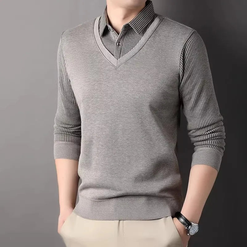 Men's Winter Fleece Knit Pullovers Smart Casual Knitted Sweaters Shirt Collar Fake Two Knitwear Fashion Slim Fit Man Sweater - PratSN